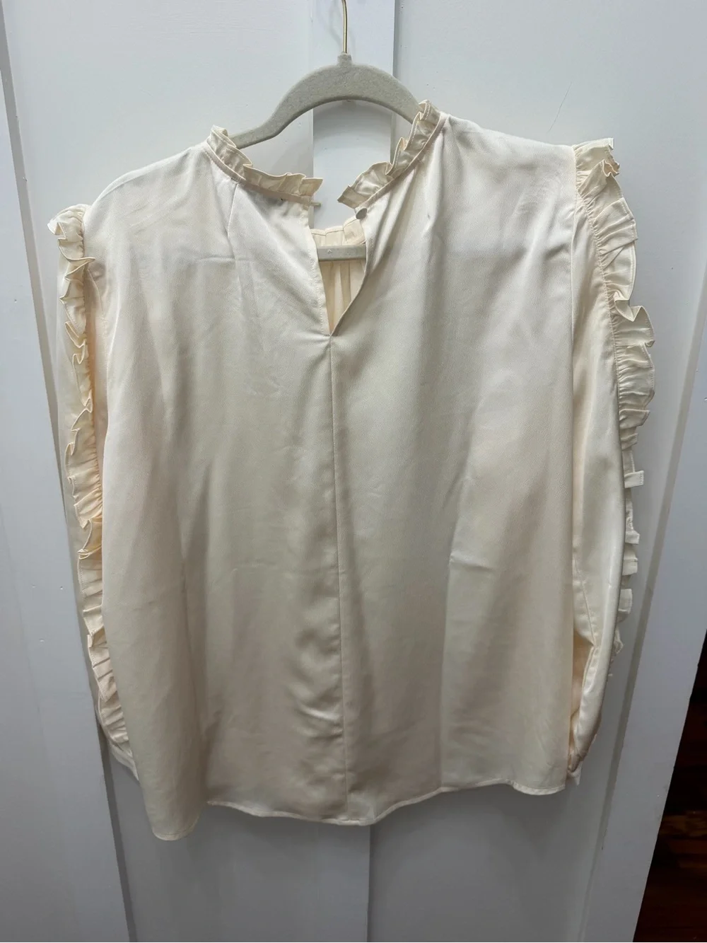 J Crew ruffle sleeve blouse in satin crepe size L